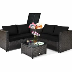 Tangkula Wicker Patio Set with Storage, All Weather-Proof Outdoor Conversation Set