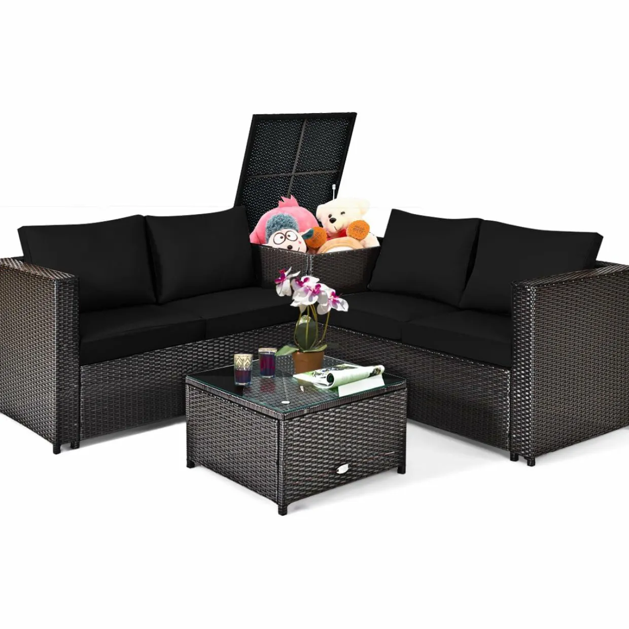 Tangkula Wicker Patio Set with Storage, All Weather-Proof Outdoor Conversation Set