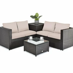 Tangkula Wicker Patio Set with Storage, All Weather-Proof Outdoor Conversation Set