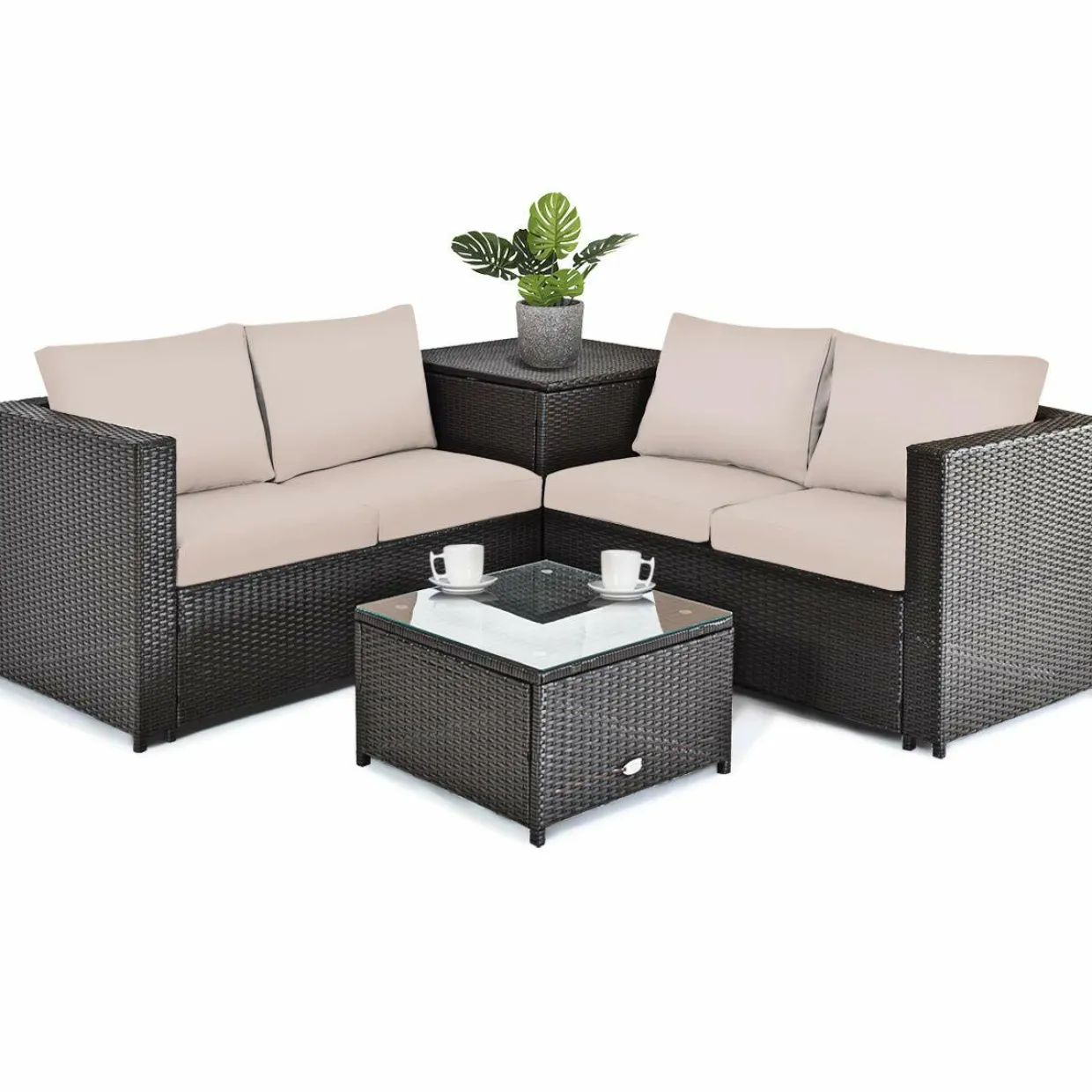 Tangkula Wicker Patio Set with Storage, All Weather-Proof Outdoor Conversation Set