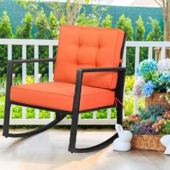 Tangkula Wicker Rocking Chair, Outdoor Glider Rattan Rocker Chair with Heavy-Duty Steel Frame