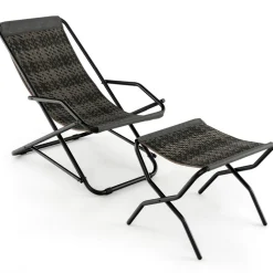 Tangkula Wicker Sling Chair Outdoor with Ottoman, Patio Deck Chair with Rattan Seat