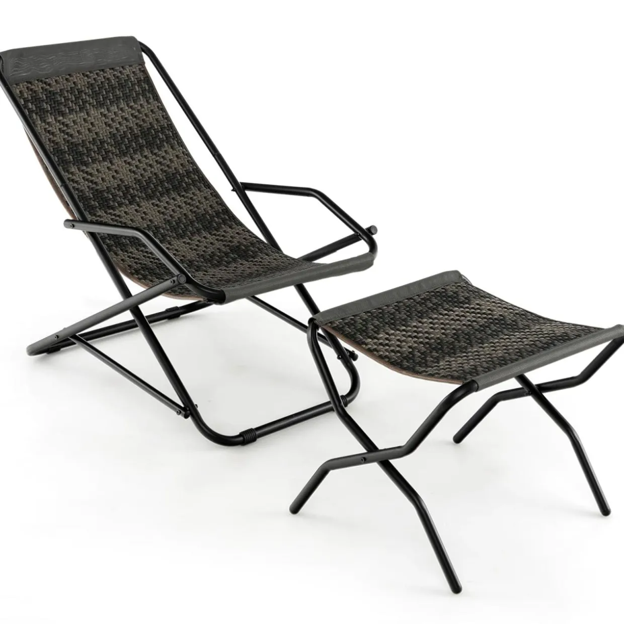 Tangkula Wicker Sling Chair Outdoor with Ottoman, Patio Deck Chair with Rattan Seat