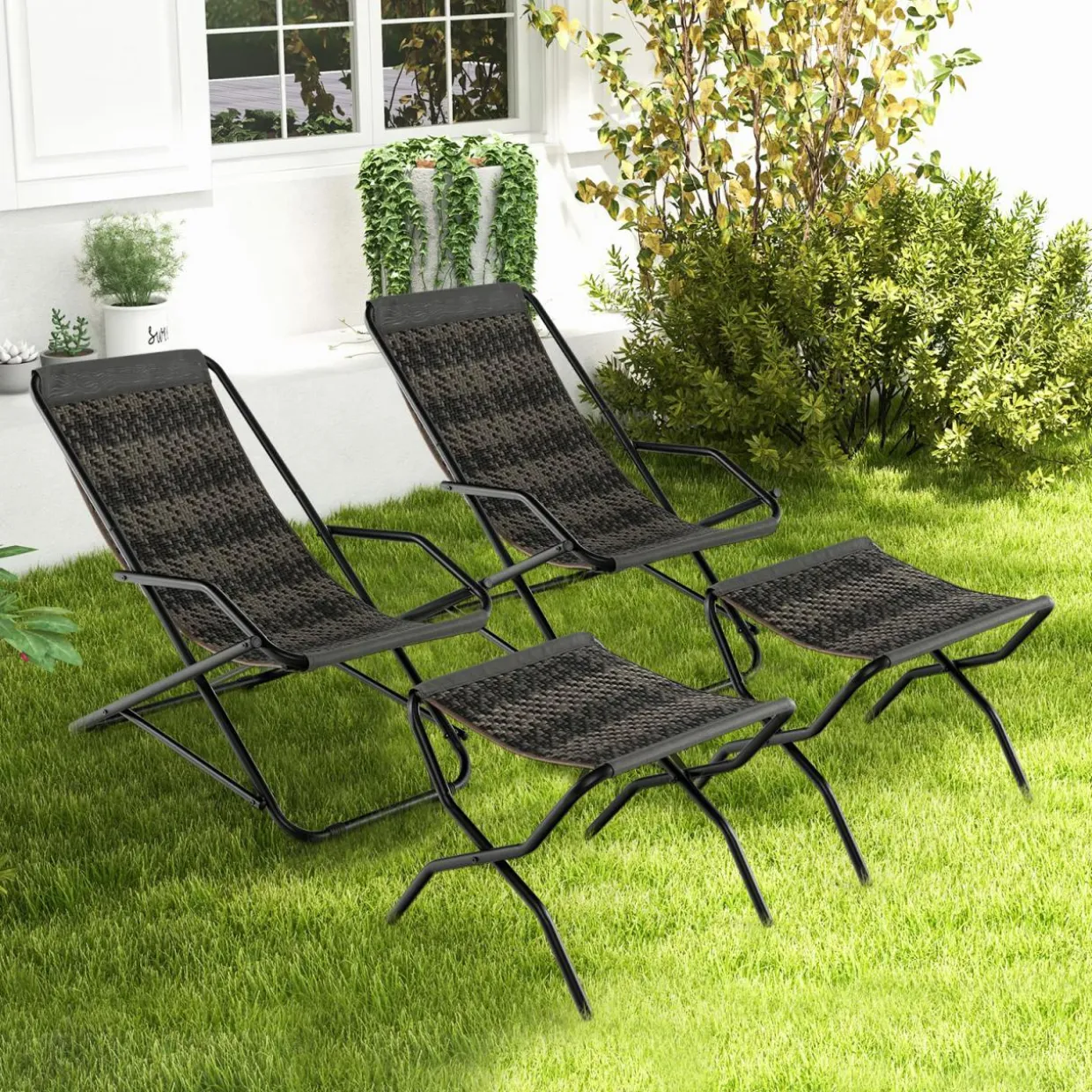 Tangkula Wicker Sling Chair Outdoor with Ottoman, Patio Deck Chair with Rattan Seat