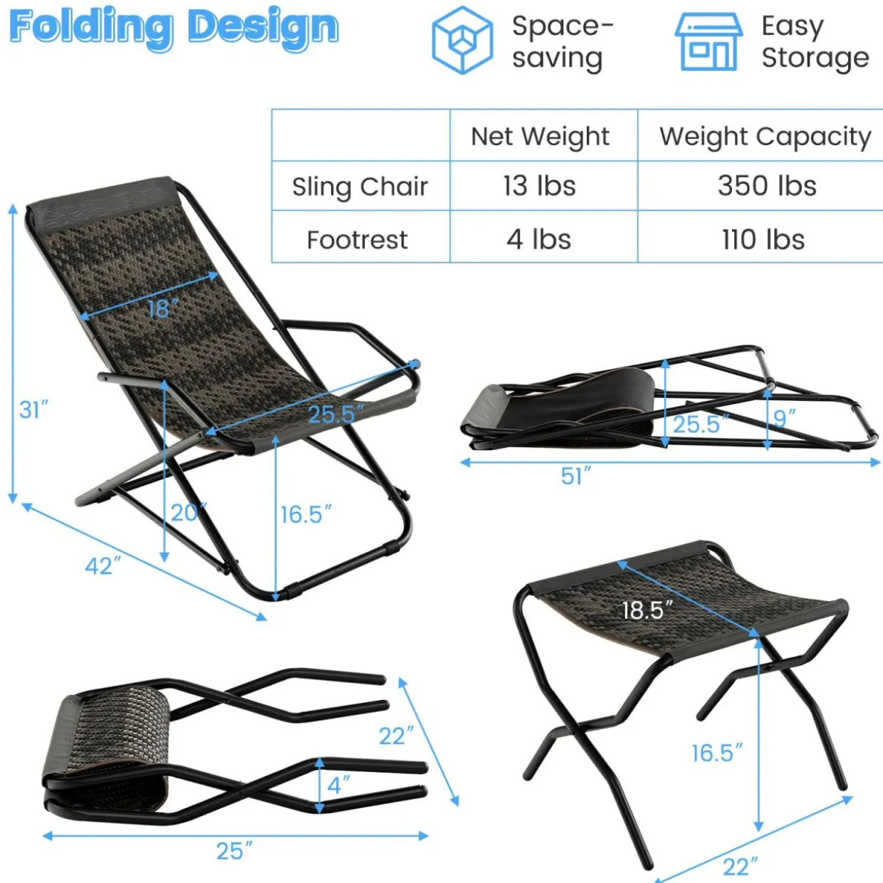 Tangkula Wicker Sling Chair Outdoor with Ottoman, Patio Deck Chair with Rattan Seat