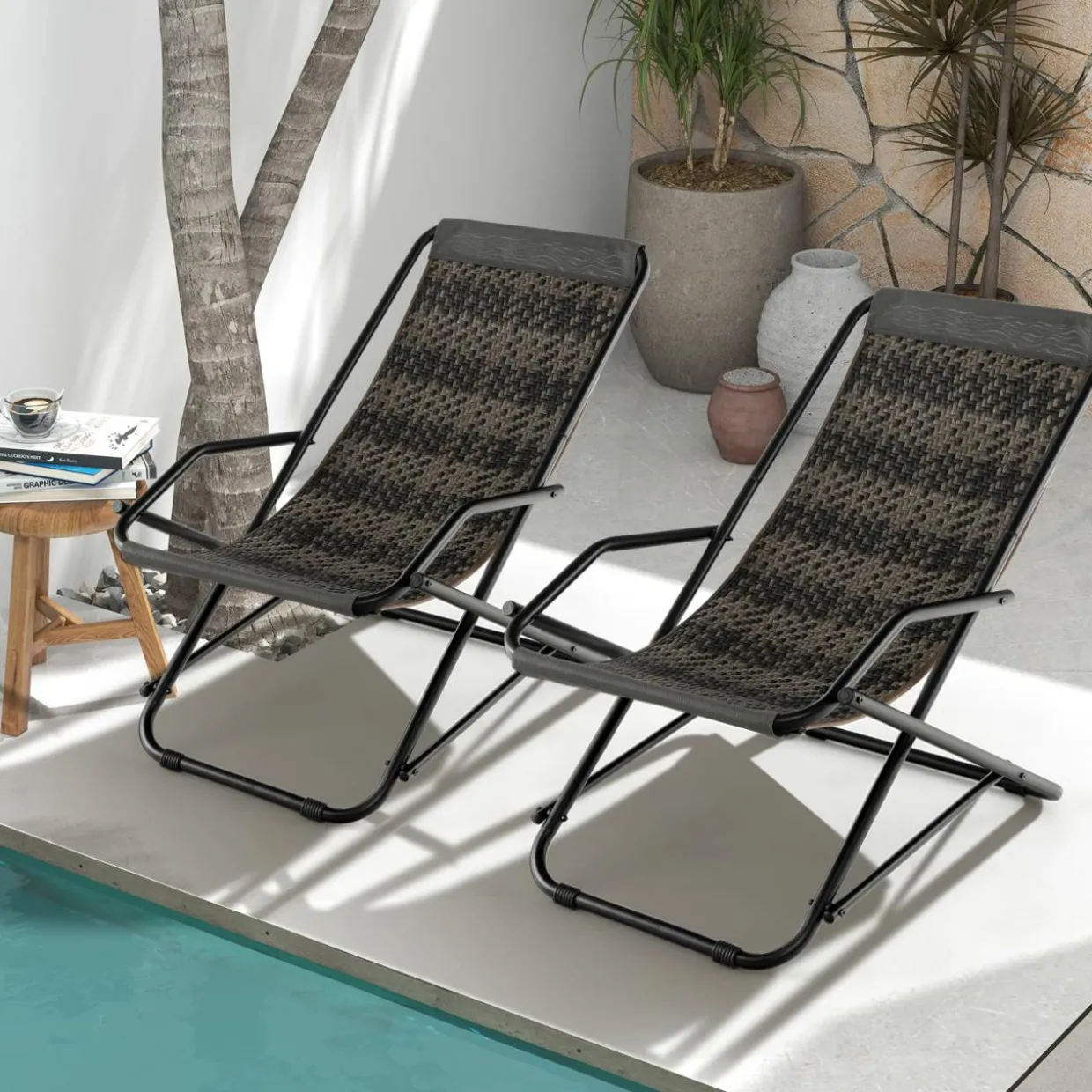 Tangkula Wicker Sling Chair Outdoor, Patio Deck Chair with Rattan Seat