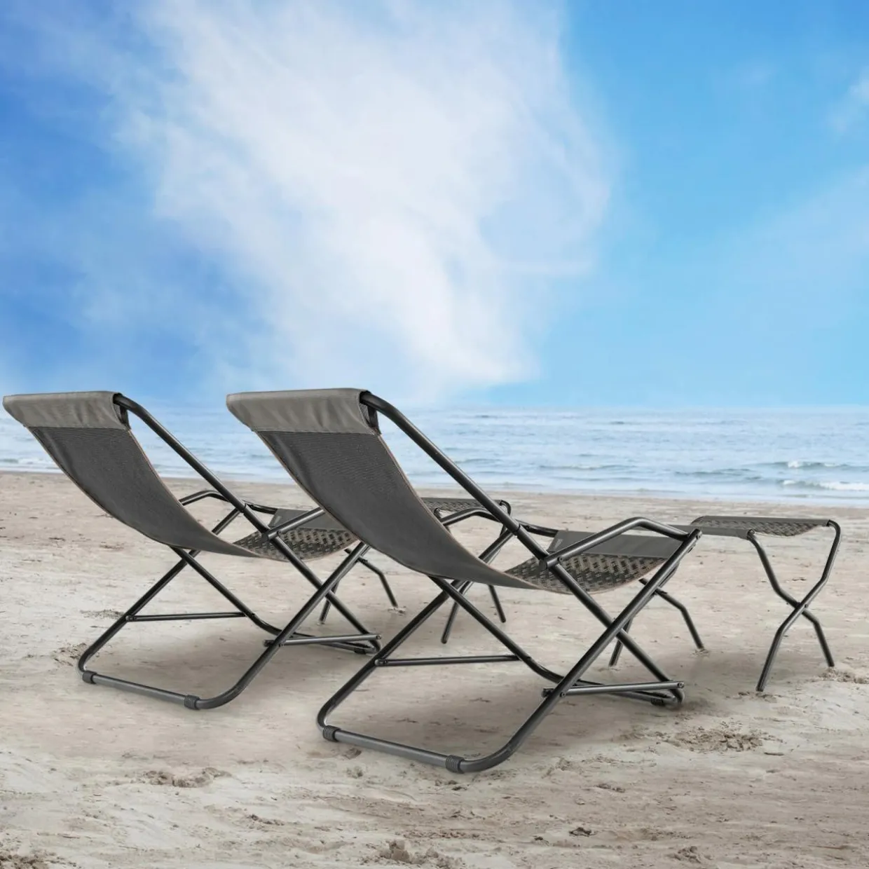 Tangkula Wicker Sling Chair Outdoor with Ottoman, Patio Deck Chair with Rattan Seat