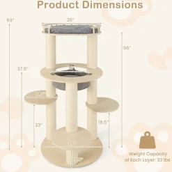 Tangkula Wood Cat Tree, 59 Inch Multi-Level Cat Tower with Top Padded Perch, Hammock, 3 Platforms & Sisal Scratching Posts