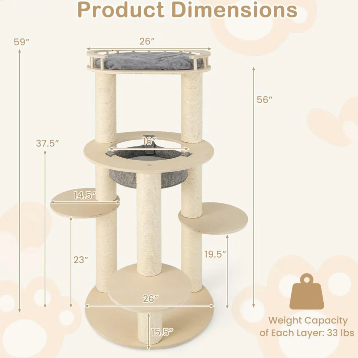 Tangkula Wood Cat Tree, 59 Inch Multi-Level Cat Tower with Top Padded Perch, Hammock, 3 Platforms & Sisal Scratching Posts