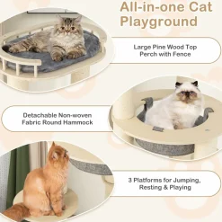Tangkula Wood Cat Tree, 59 Inch Multi-Level Cat Tower with Top Padded Perch, Hammock, 3 Platforms & Sisal Scratching Posts