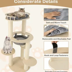 Tangkula Wood Cat Tree, 59 Inch Multi-Level Cat Tower with Top Padded Perch, Hammock, 3 Platforms & Sisal Scratching Posts