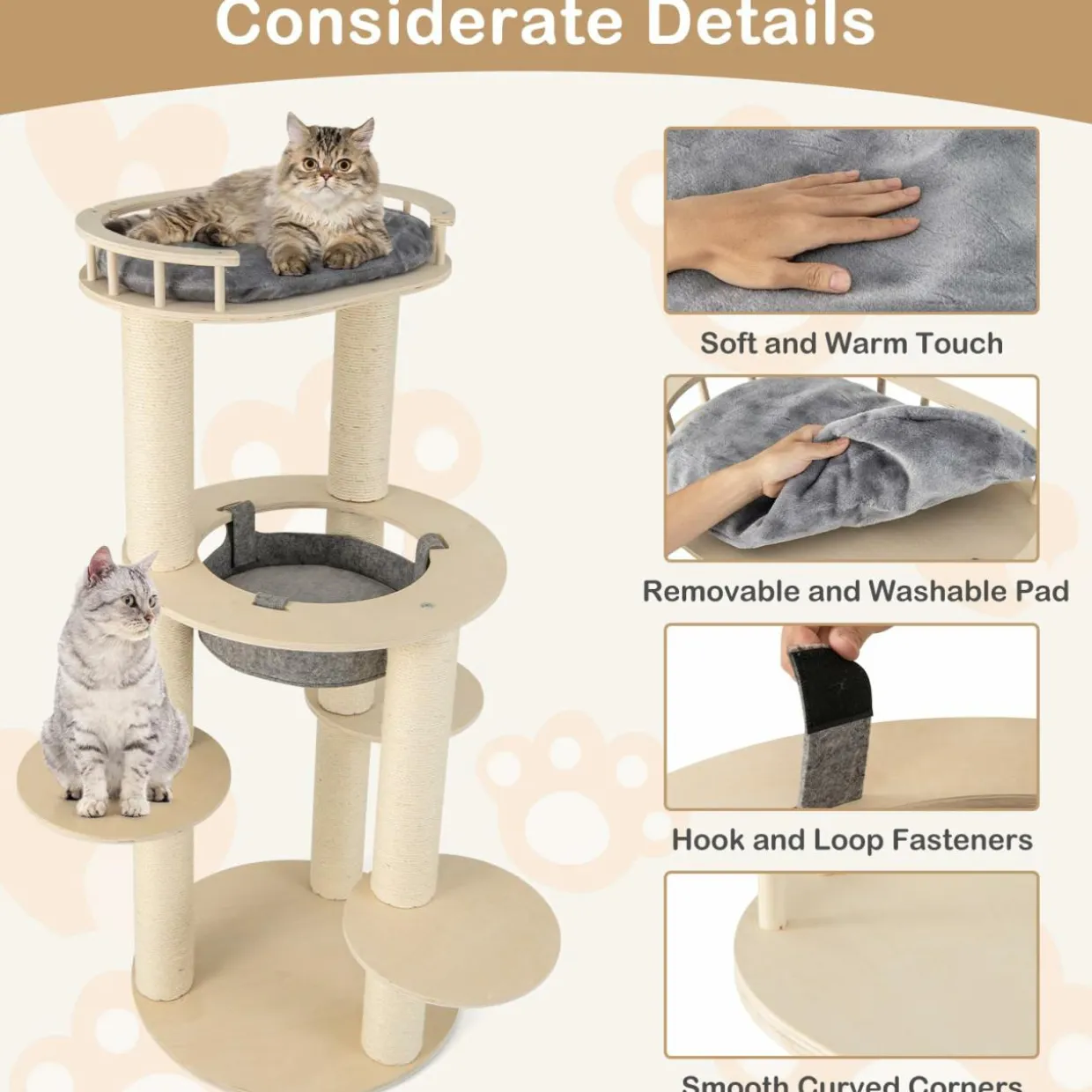 Tangkula Wood Cat Tree, 59 Inch Multi-Level Cat Tower with Top Padded Perch, Hammock, 3 Platforms & Sisal Scratching Posts