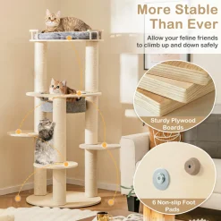 Tangkula Wood Cat Tree, 59 Inch Multi-Level Cat Tower with Top Padded Perch, Hammock, 3 Platforms & Sisal Scratching Posts