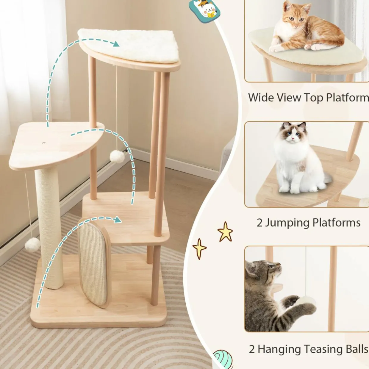 Tangkula Wood Cat Tree for Indoor Cats, Multi-Level Modern Cat Tower with Sisal Scratching Board & Post