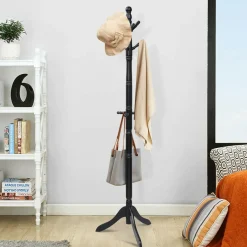 Tangkula Wood Coat Rack, Entryway Height Adjustable Coat Satnd with 9 Hooks & Stable Tri-Legged Base