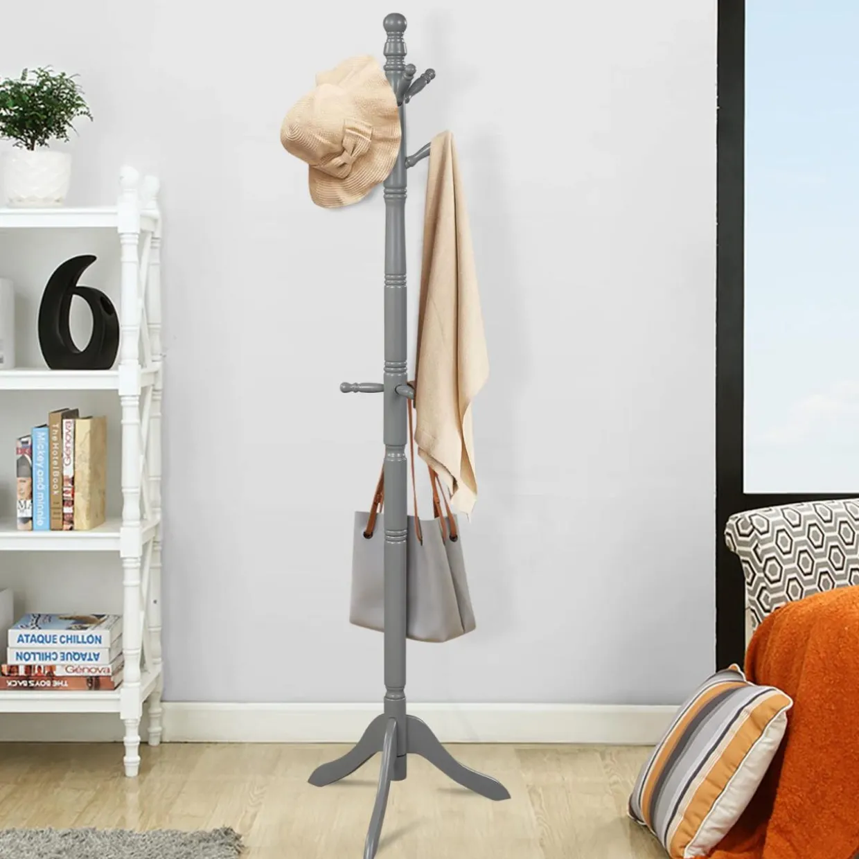 Tangkula Wood Coat Rack, Entryway Height Adjustable Coat Satnd with 9 Hooks & Stable Tri-Legged Base