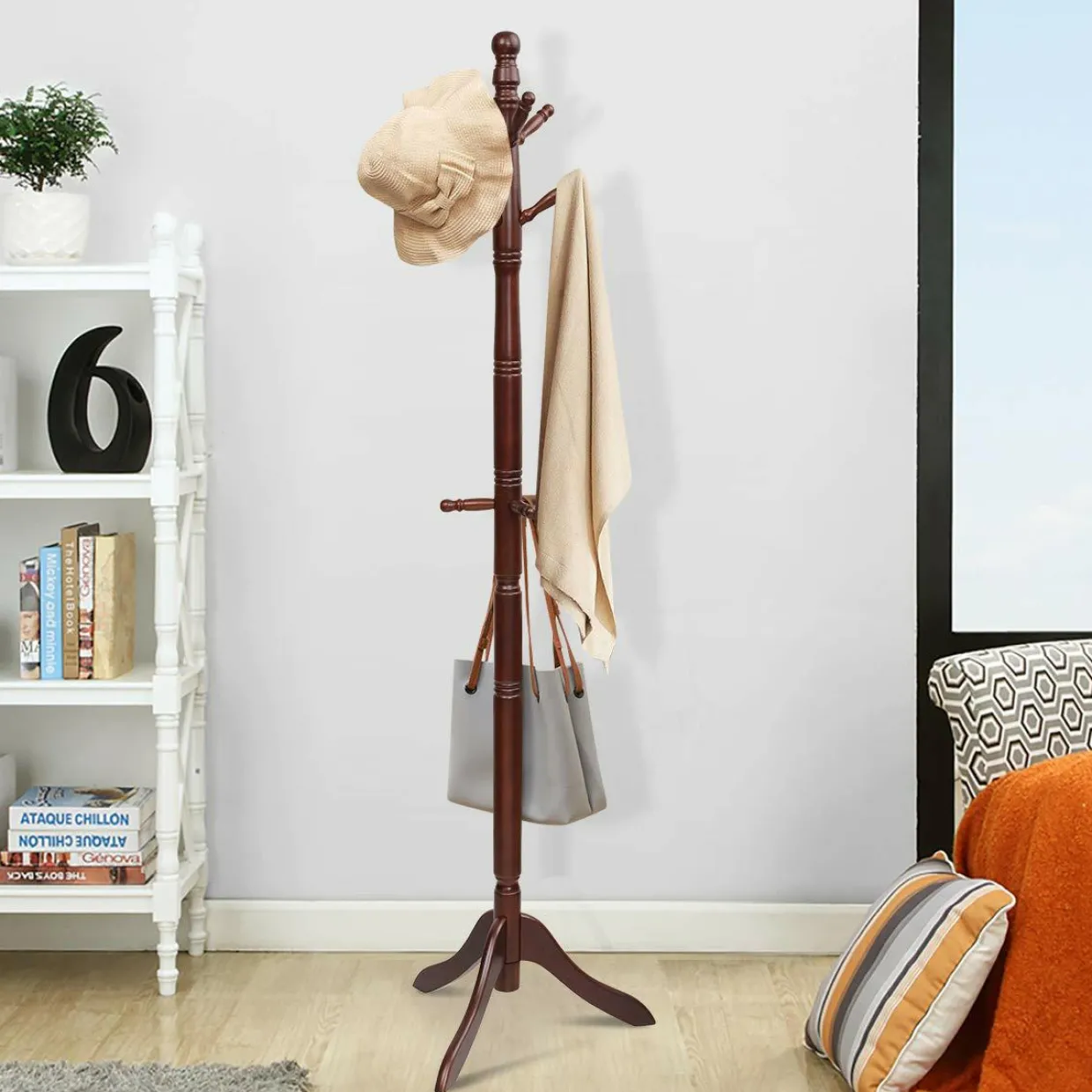 Tangkula Wood Coat Rack, Entryway Height Adjustable Coat Satnd with 9 Hooks & Stable Tri-Legged Base