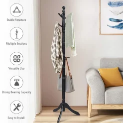 Tangkula Wood Coat Rack, Entryway Height Adjustable Coat Satnd with 9 Hooks & Stable Tri-Legged Base