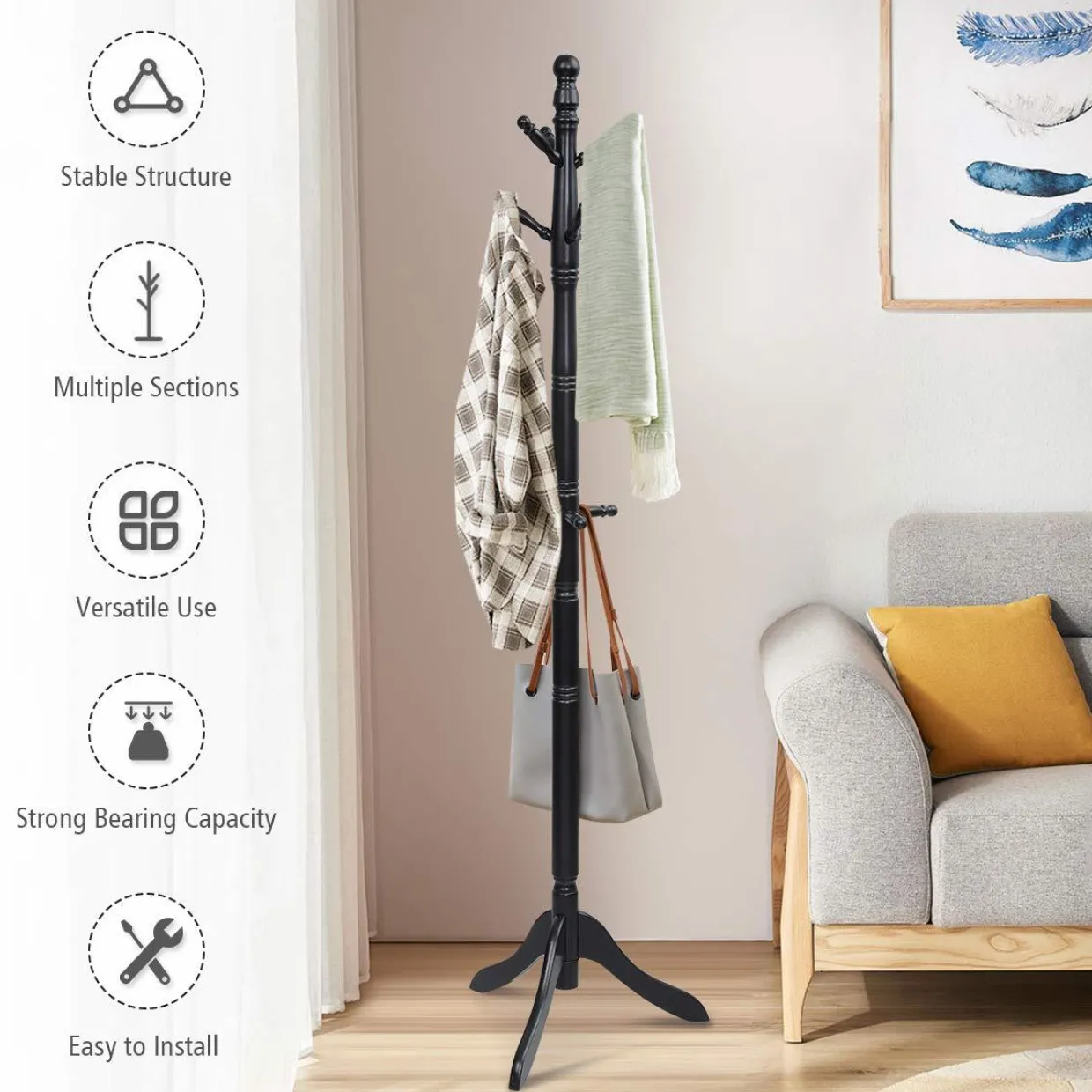 Tangkula Wood Coat Rack, Entryway Height Adjustable Coat Satnd with 9 Hooks & Stable Tri-Legged Base