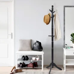 Tangkula Wood Coat Rack, Entryway Height Adjustable Coat Satnd with 9 Hooks & Stable Tri-Legged Base