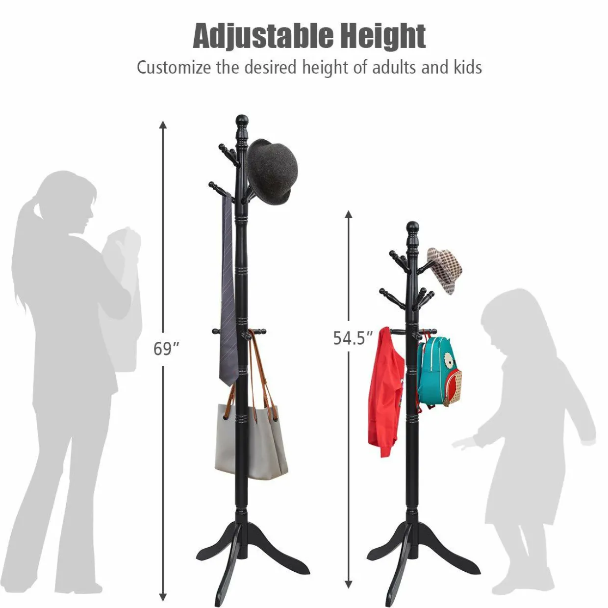 Tangkula Wood Coat Rack, Entryway Height Adjustable Coat Satnd with 9 Hooks & Stable Tri-Legged Base