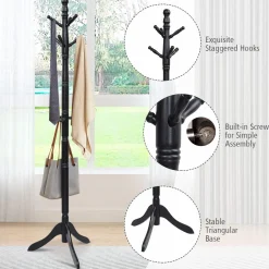 Tangkula Wood Coat Rack, Entryway Height Adjustable Coat Satnd with 9 Hooks & Stable Tri-Legged Base