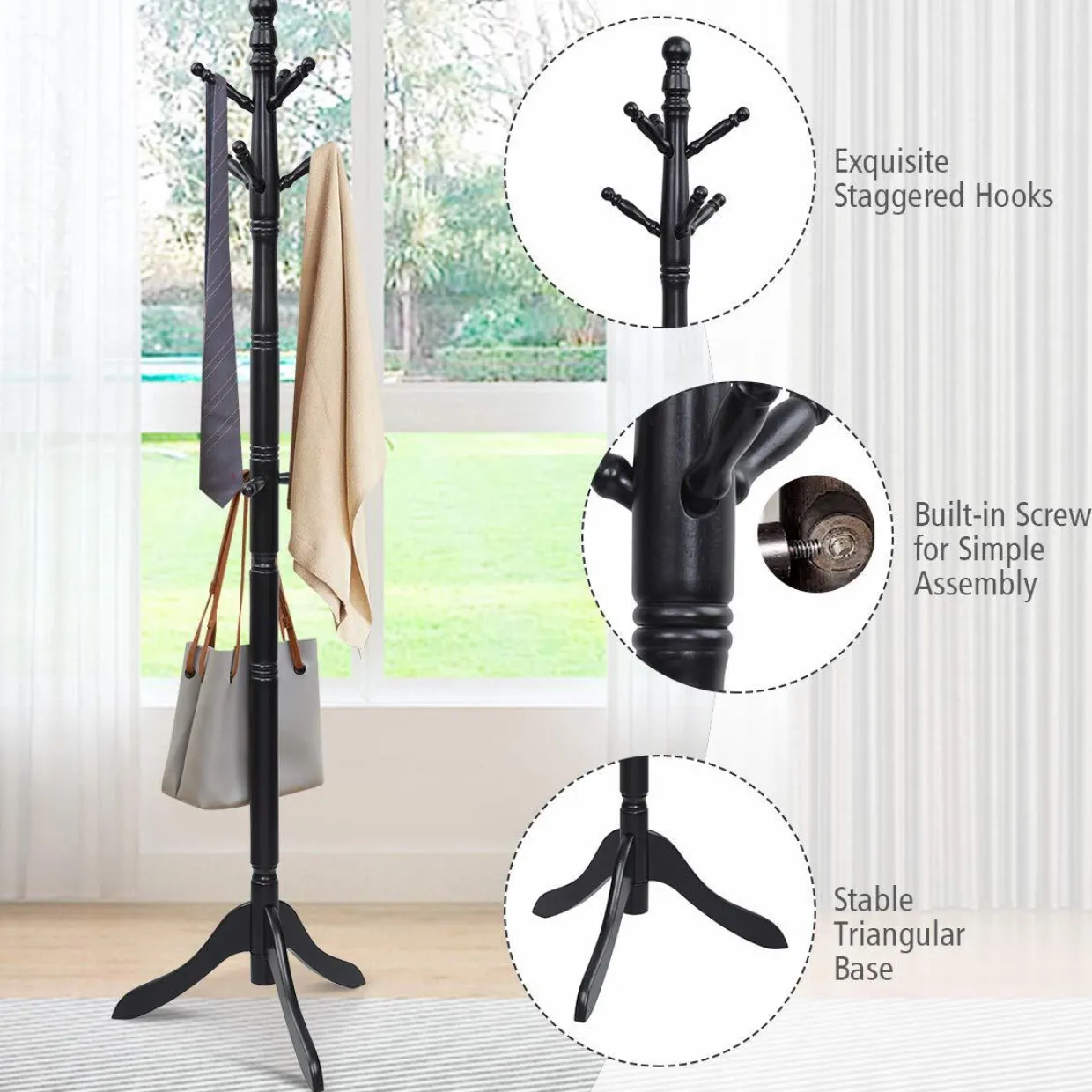 Tangkula Wood Coat Rack, Entryway Height Adjustable Coat Satnd with 9 Hooks & Stable Tri-Legged Base