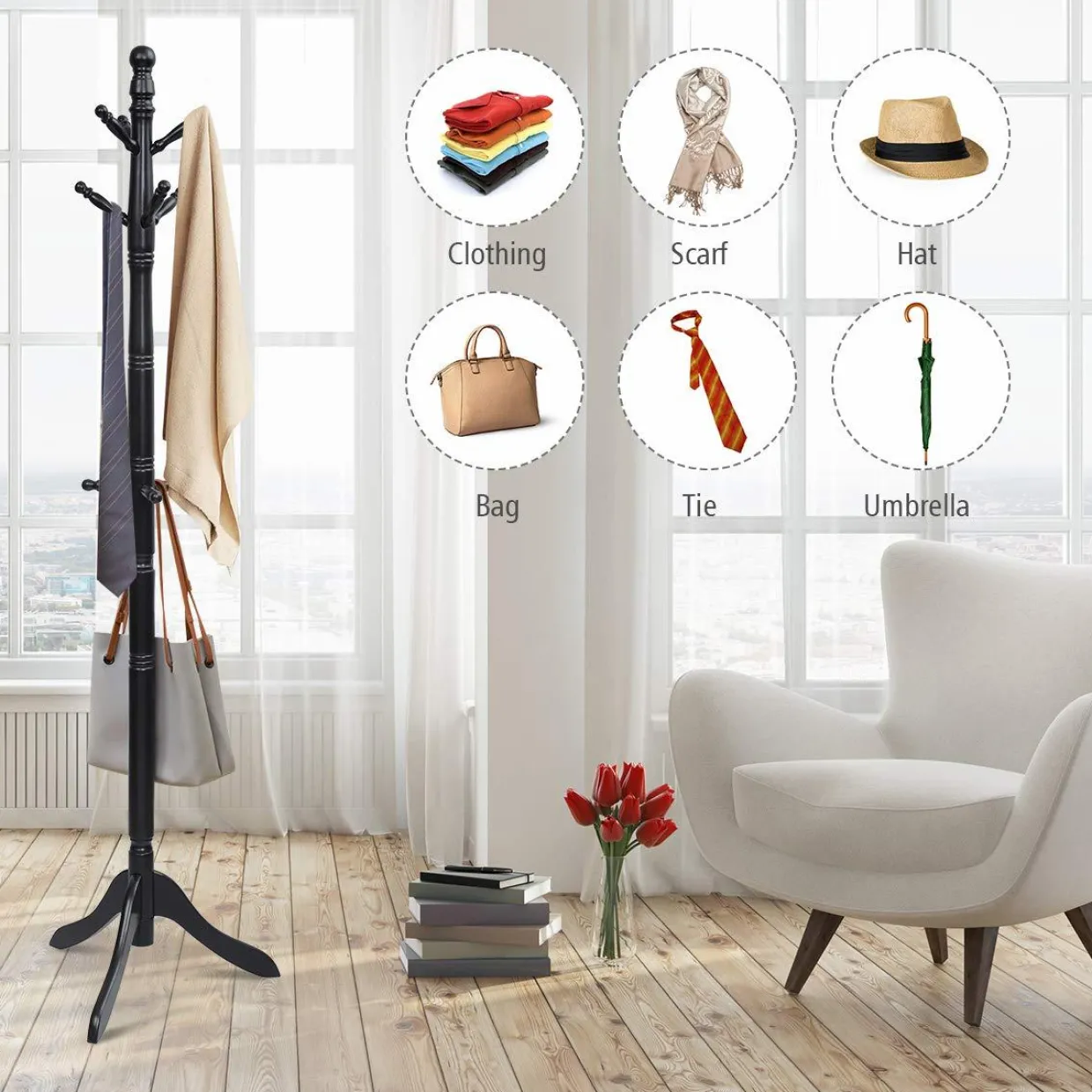Tangkula Wood Coat Rack, Entryway Height Adjustable Coat Satnd with 9 Hooks & Stable Tri-Legged Base