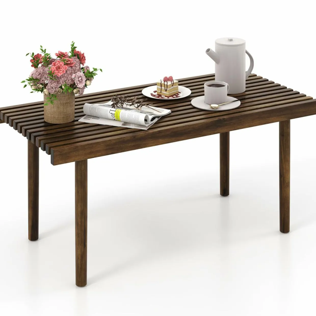 Tangkula Wood Coffee Table, Farmhouse Acacia Wood Cocktail Table with Slatted Tabletop for Living Room