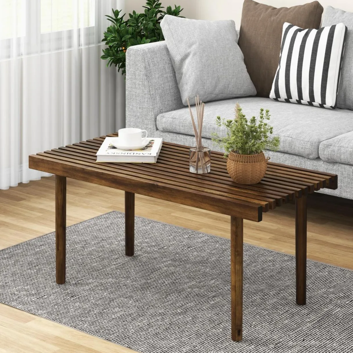 Tangkula Wood Coffee Table, Farmhouse Acacia Wood Cocktail Table with Slatted Tabletop for Living Room