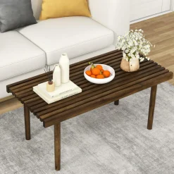 Tangkula Wood Coffee Table, Farmhouse Acacia Wood Cocktail Table with Slatted Tabletop for Living Room