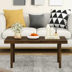 Tangkula Wood Coffee Table, Farmhouse Acacia Wood Cocktail Table with Slatted Tabletop for Living Room