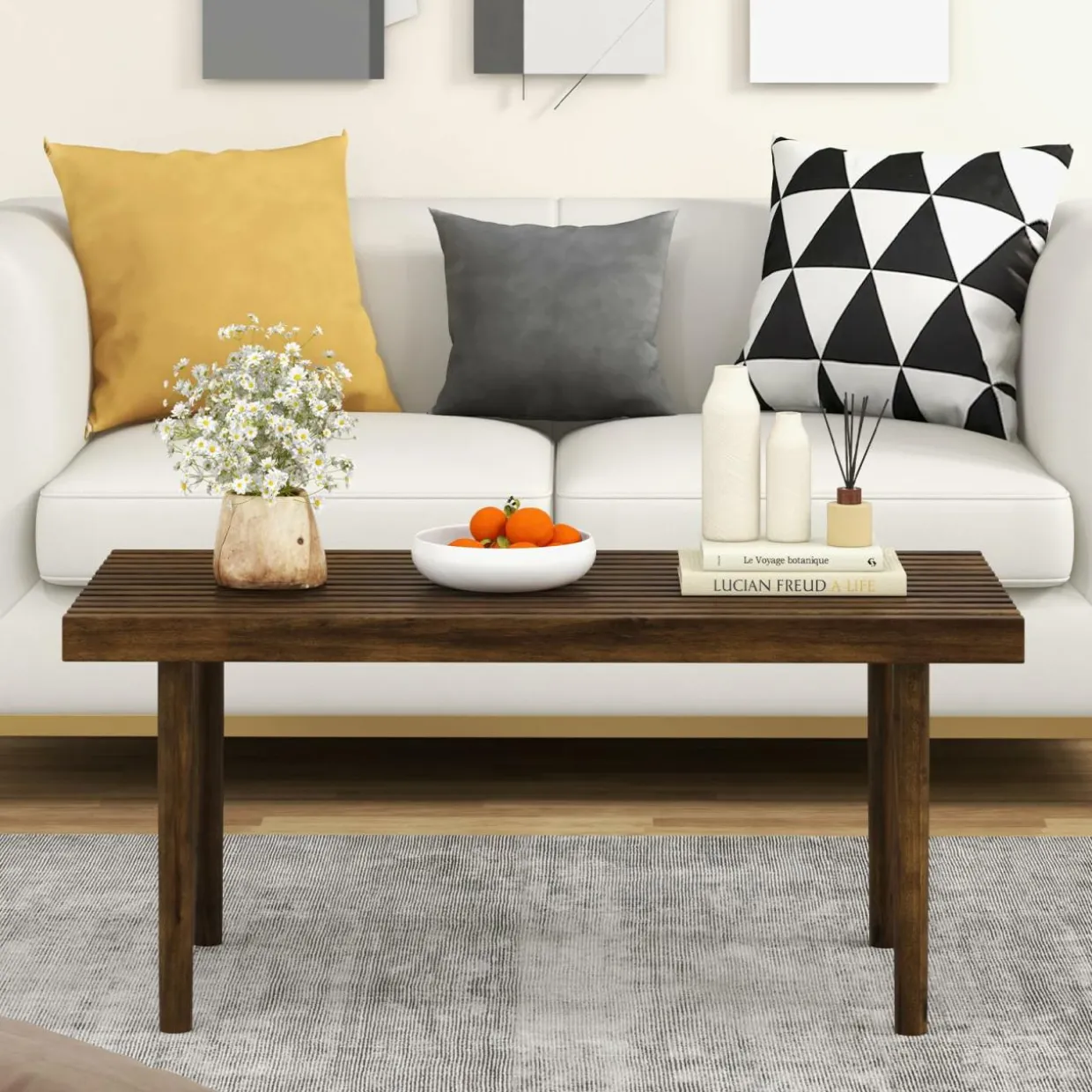 Tangkula Wood Coffee Table, Farmhouse Acacia Wood Cocktail Table with Slatted Tabletop for Living Room