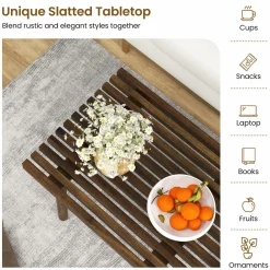 Tangkula Wood Coffee Table, Farmhouse Acacia Wood Cocktail Table with Slatted Tabletop for Living Room