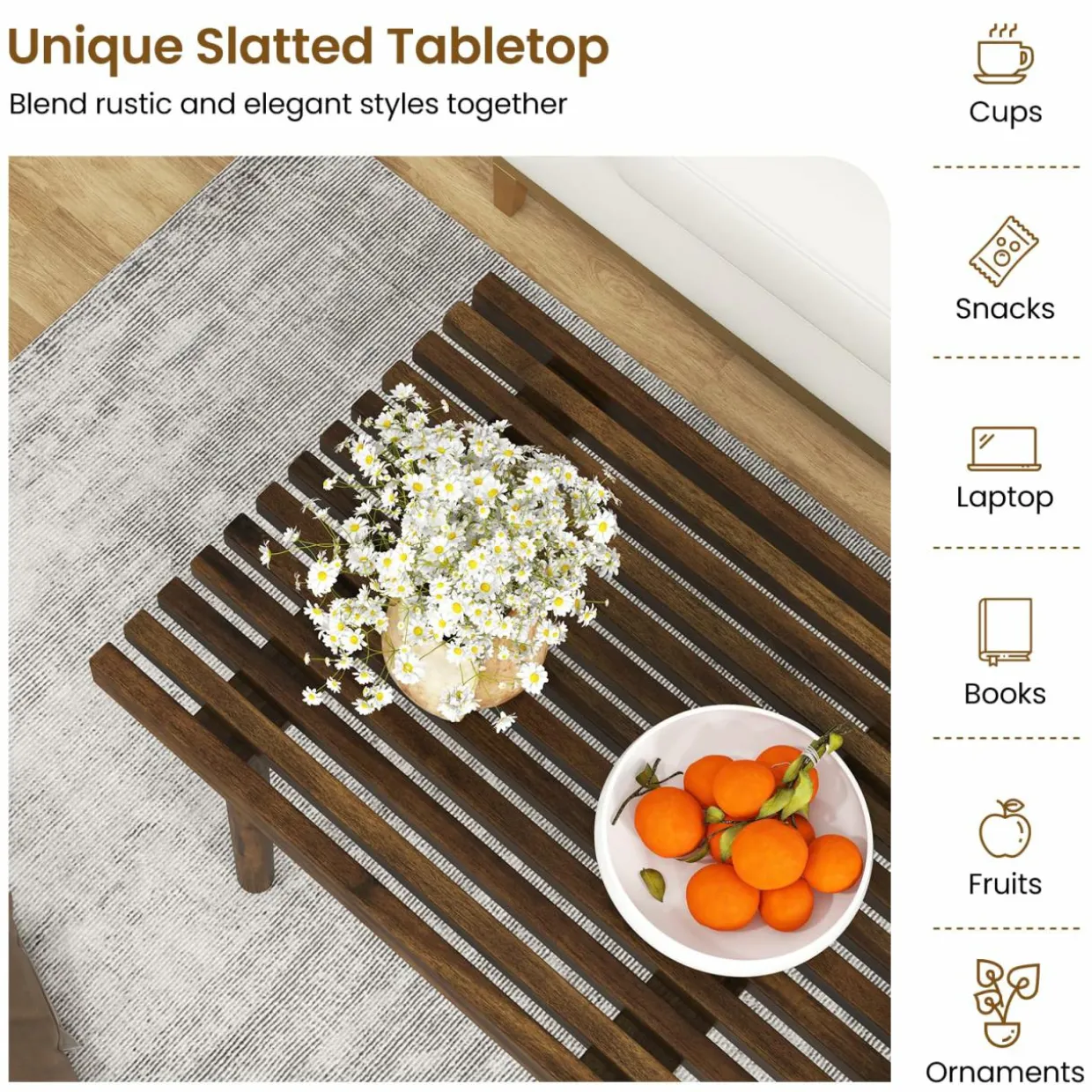 Tangkula Wood Coffee Table, Farmhouse Acacia Wood Cocktail Table with Slatted Tabletop for Living Room