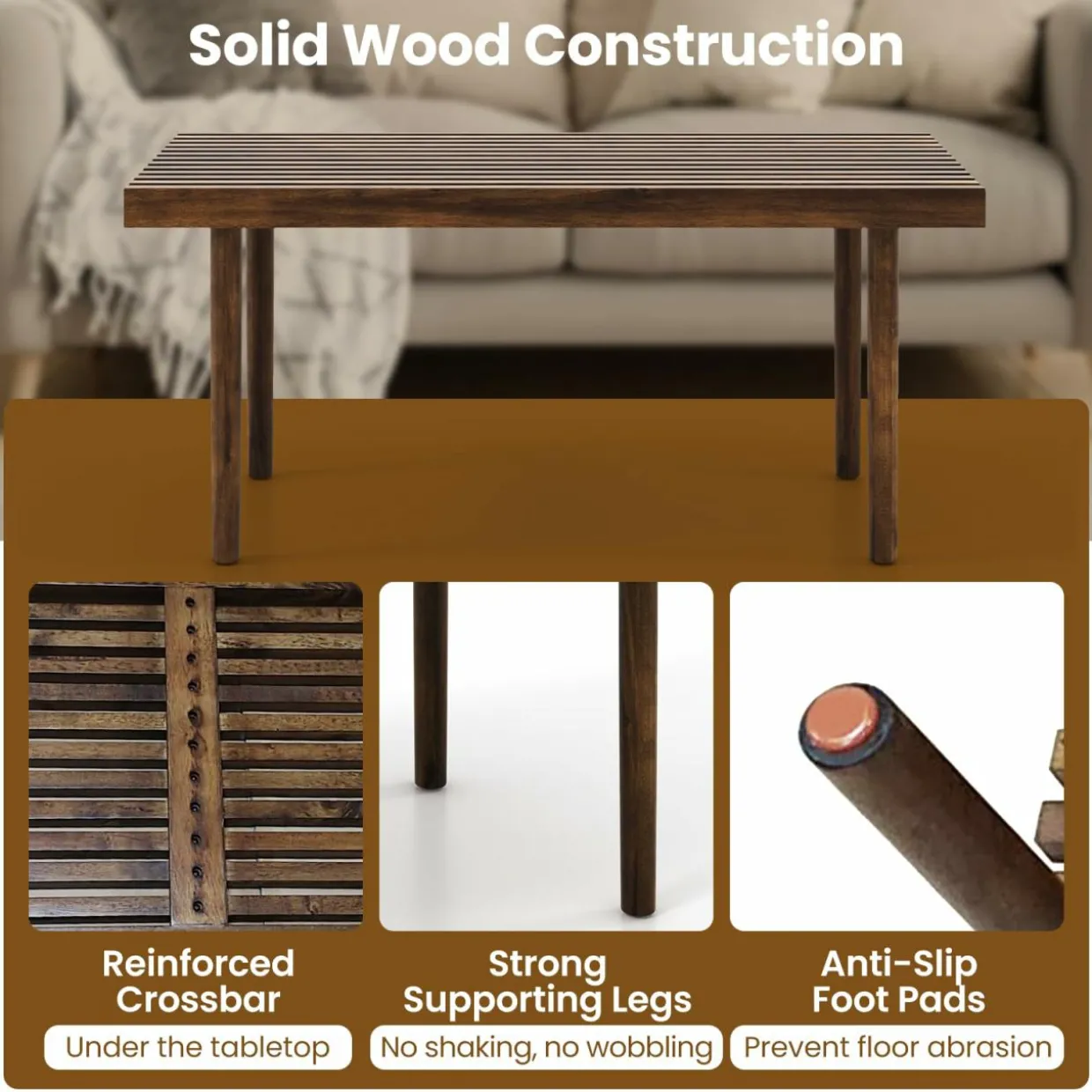 Tangkula Wood Coffee Table, Farmhouse Acacia Wood Cocktail Table with Slatted Tabletop for Living Room