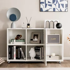 Tangkula Wood File Cabinet with Wheels, Mobile Storage Cabinet with 6 Compartments