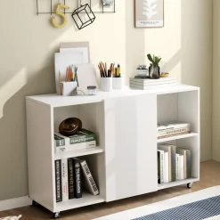 Tangkula Wood File Cabinet with Wheels, Mobile Storage Cabinet with 6 Compartments
