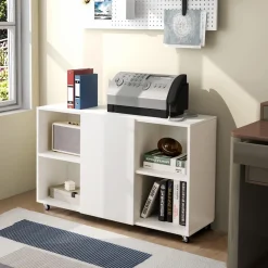 Tangkula Wood File Cabinet with Wheels, Mobile Storage Cabinet with 6 Compartments