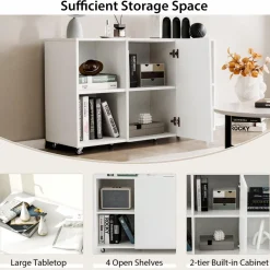 Tangkula Wood File Cabinet with Wheels, Mobile Storage Cabinet with 6 Compartments
