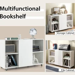 Tangkula Wood File Cabinet with Wheels, Mobile Storage Cabinet with 6 Compartments