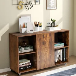 Tangkula Wood File Cabinet with Wheels, Mobile Storage Cabinet with 6 Compartments