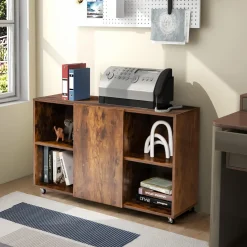 Tangkula Wood File Cabinet with Wheels, Mobile Storage Cabinet with 6 Compartments