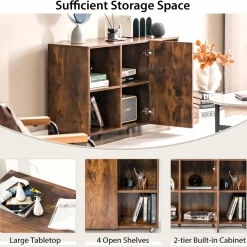 Tangkula Wood File Cabinet with Wheels, Mobile Storage Cabinet with 6 Compartments