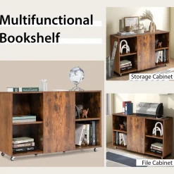 Tangkula Wood File Cabinet with Wheels, Mobile Storage Cabinet with 6 Compartments