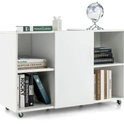 Tangkula Wood File Cabinet with Wheels, Mobile Storage Cabinet with 6 Compartments