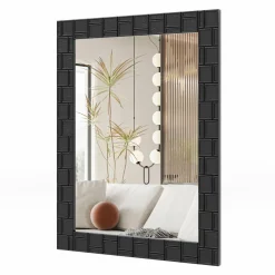 Tangkula Wood Framed Wall Mounted Mirror, 31.5" x 23.5" Rubber Wood Modern Mirror for Wall