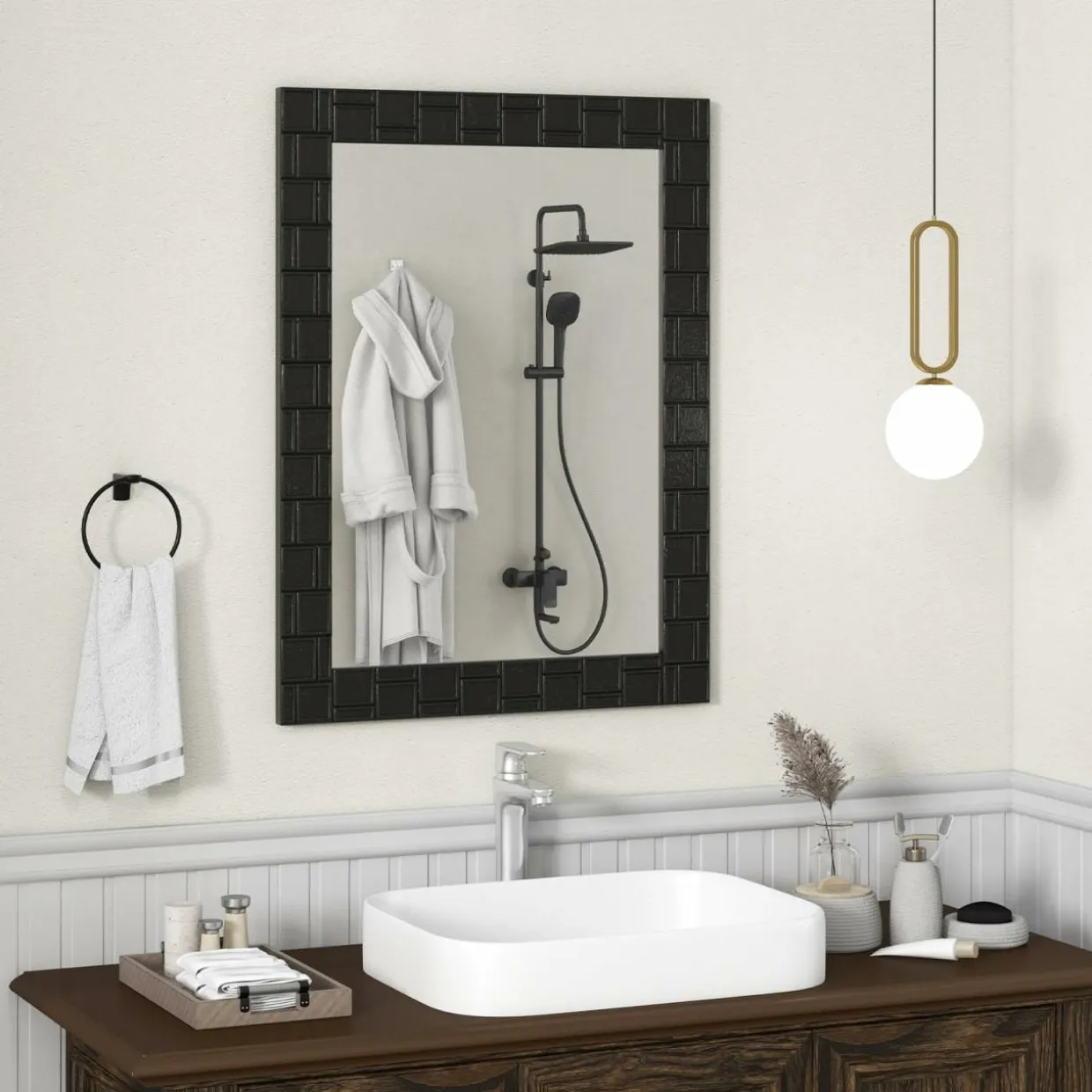 Tangkula Wood Framed Wall Mounted Mirror, 31.5" x 23.5" Rubber Wood Modern Mirror for Wall