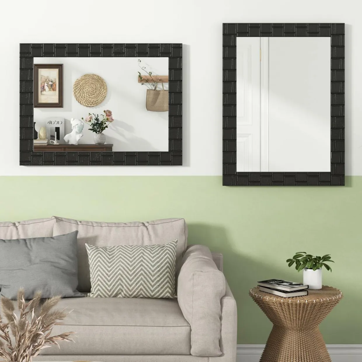 Tangkula Wood Framed Wall Mounted Mirror, 31.5" x 23.5" Rubber Wood Modern Mirror for Wall