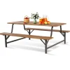 Tangkula Wood Picnic Table, Outdoor Acacia Wood Picnic Table Bench Set with 2 Built-in Benches